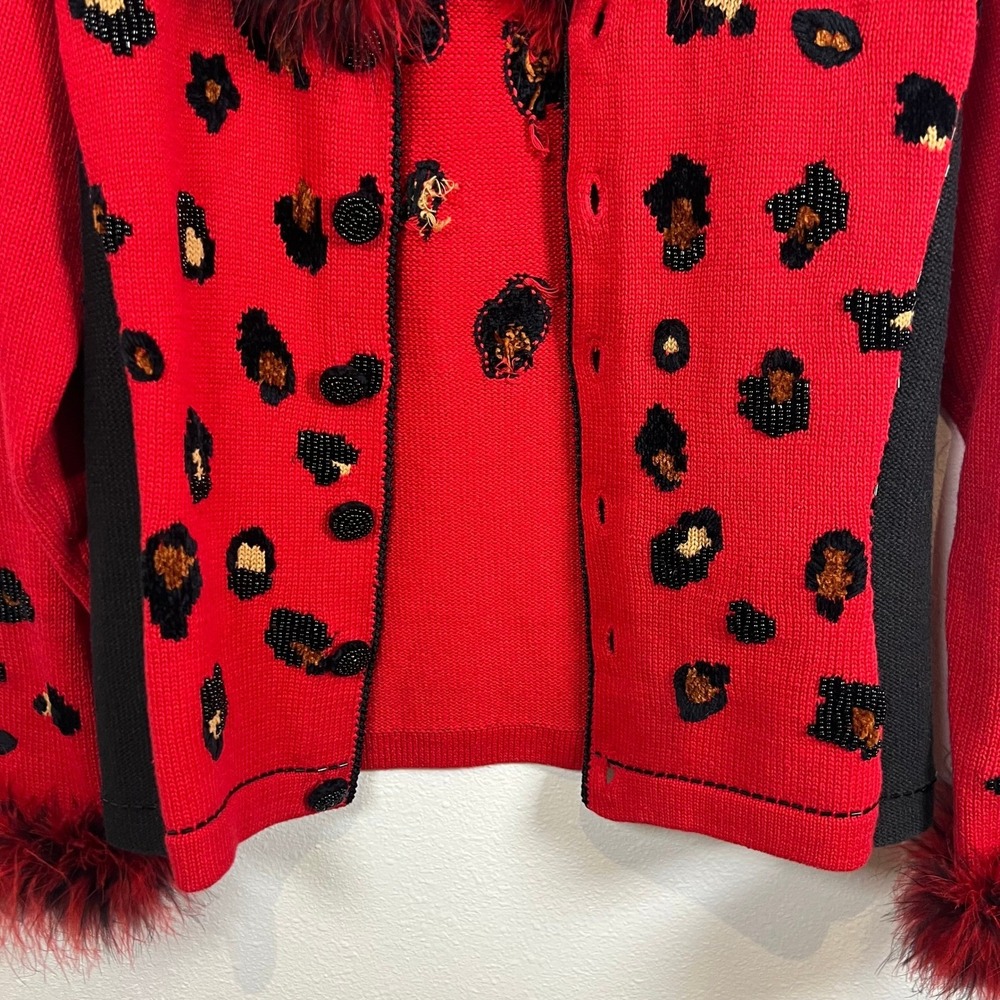 VTG Berek Leopard Print Knit Cardigan Sweater Beaded 90s Maximalist Bold Sz. S - Picture 3 of 13